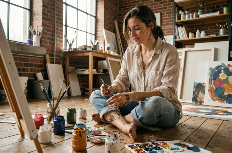Femme artiste assise sur un plancher en bois entourée de peintures acryliques et de toiles dans un atelier créatif lumineux