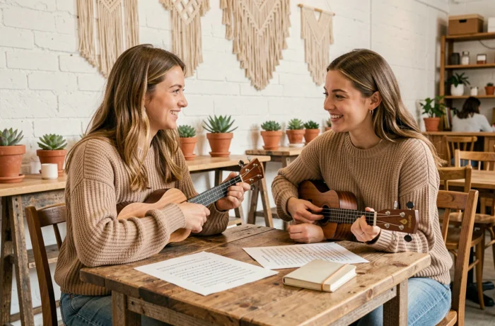 Deux femmes apprenant le ukulélé ensemble dans un café chaleureux décoré de macramé et de plantes, avec des partitions posées sur la table