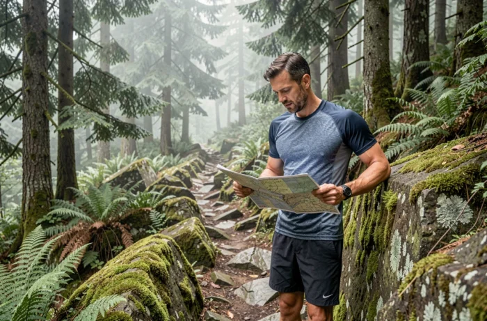 Randonneur masculin en tenue de sport consultant une carte topographique sur un sentier forestier rocheux entouré d'arbres et de fougères