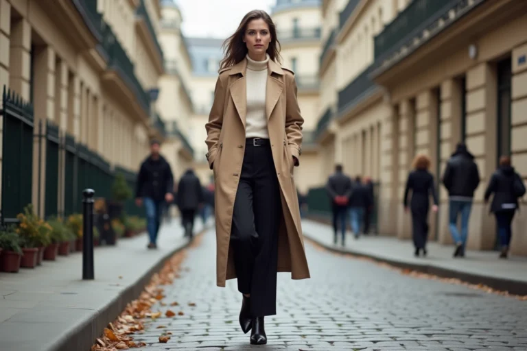 Femme élégante en trench coat beige marchant sur un boulevard parisien haussmannien en automne, illustrant les tendances mode de la capitale