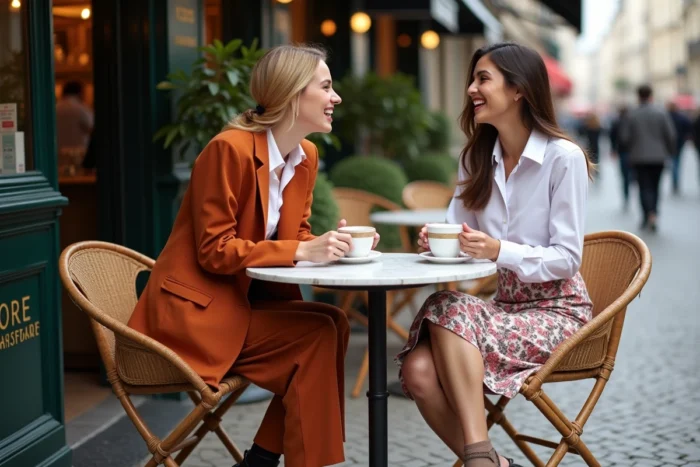 Deux femmes élégantes attablées en terrasse de café parisien, arborant les dernières tendances mode printemps de la capitale
