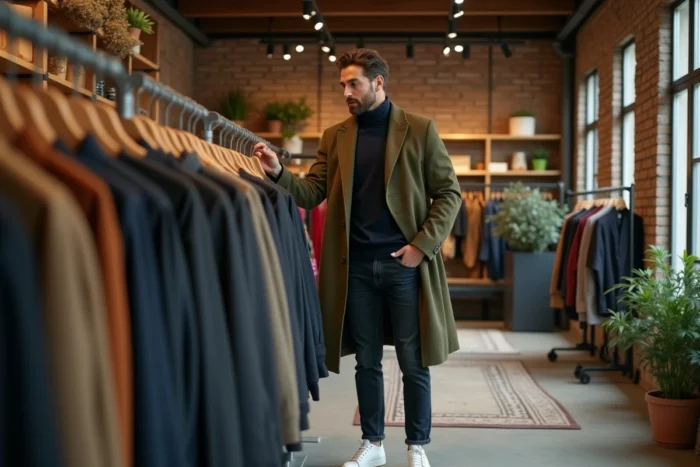 Homme tendance en manteau kaki dans une boutique concept parisienne, découvrant les nouvelles collections mode de la capitale