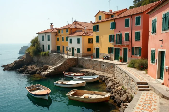 Vue panoramique de petites maisons de pêcheurs colorées sur une colline face au port au Portugal