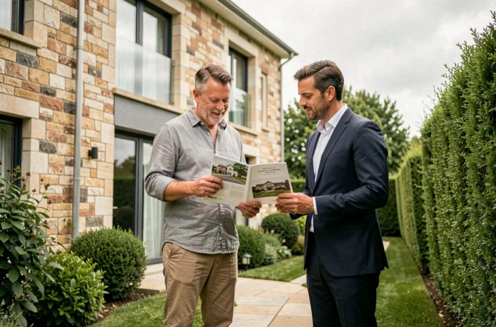 Un homme et son agent immobilier visitent une maison résidentielle moderne et examinent le descriptif de la propriété