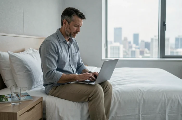 Voyageur masculin recherchant un hébergement sur son ordinateur portable dans une chambre d'hôtel moderne avec vue sur la ville