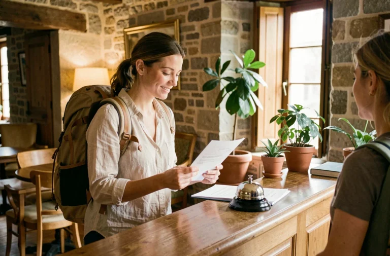 Voyageuse vérifiant sa réservation à la réception d'un hôtel boutique européen au décor en pierre et bois chaleureux